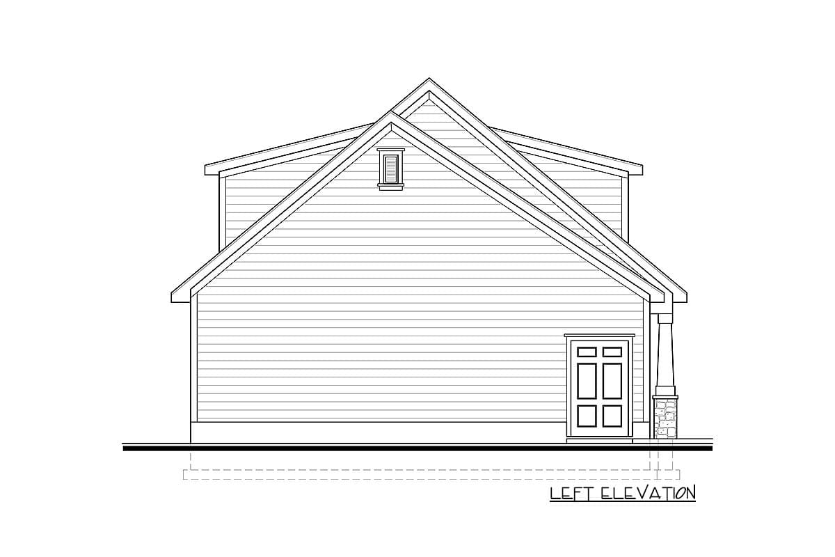 Left elevation drawing of a two-story house plan with horizontal siding, gabled roof, dormer, and a covered porch with stone-clad columns.