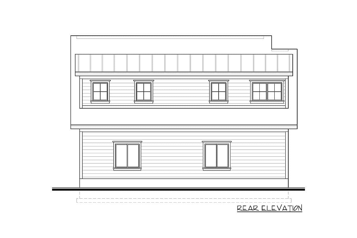 Rear elevation drawing of a two-story house plan with horizontal siding and multiple windows on each level.