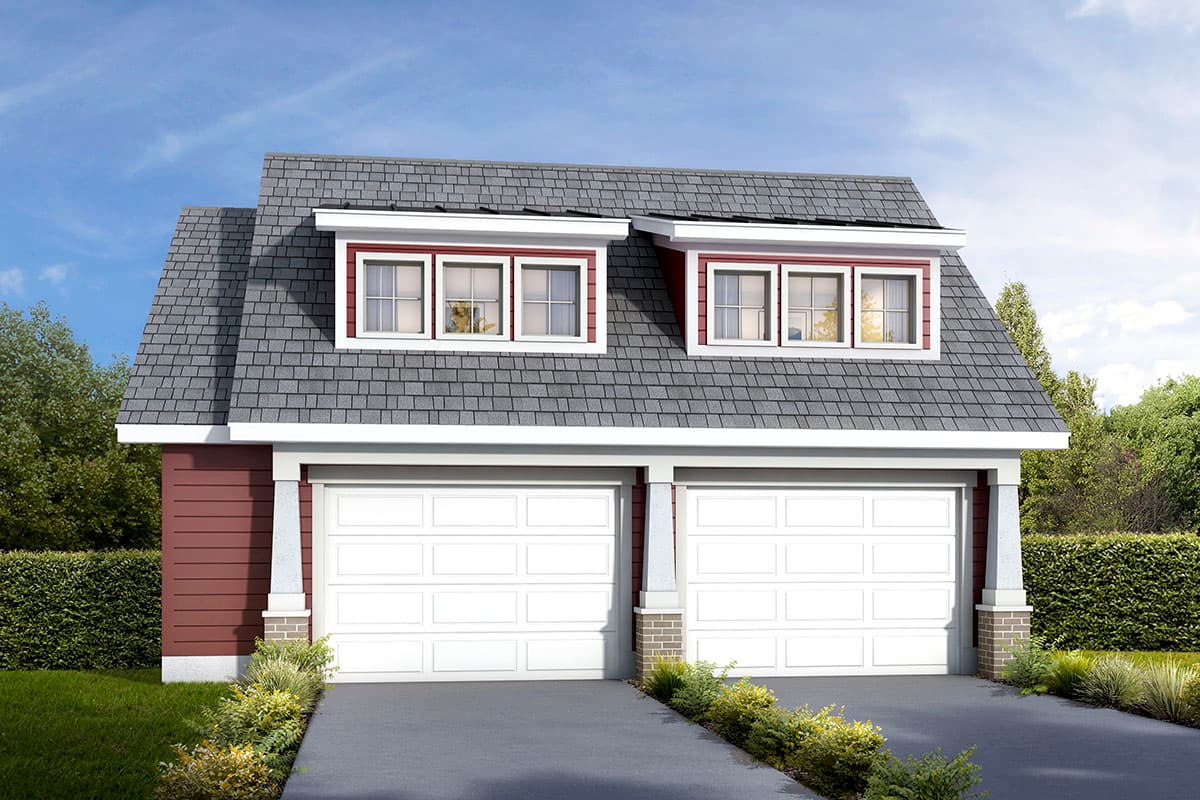 House plan exterior with two-car garage. Gable roof with dormers, and brick and wood siding accents. Driveway leads to garage doors.