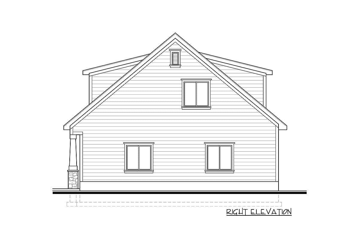 Right elevation house plan drawing showing a two-story home with horizontal siding, gabled roof, dormer, and a porch with stone pillar.