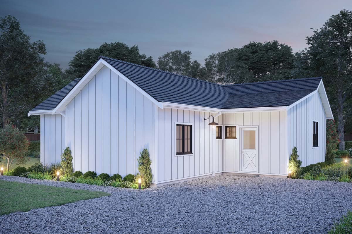 House plan exterior of a one-story Modern Farmhouse with vertical siding, gable roof, and attached garage.