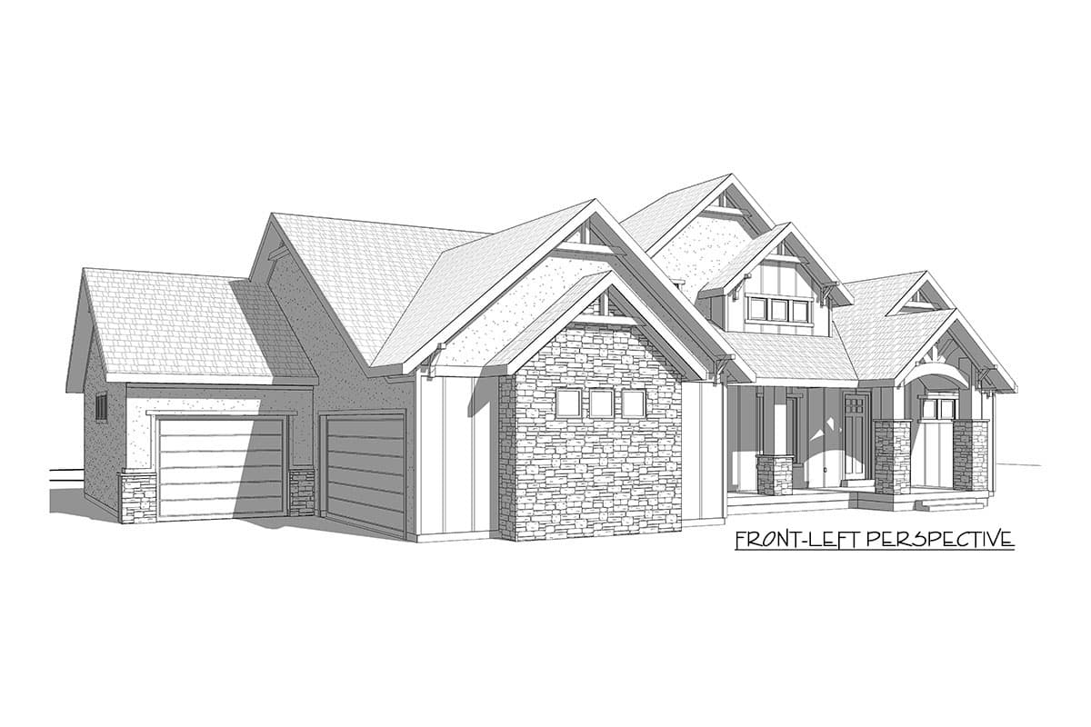 House plan exterior: Modern Craftsman style, 1.5 stories, stone accents, gables, dormers, and a front-facing 2-car garage.
