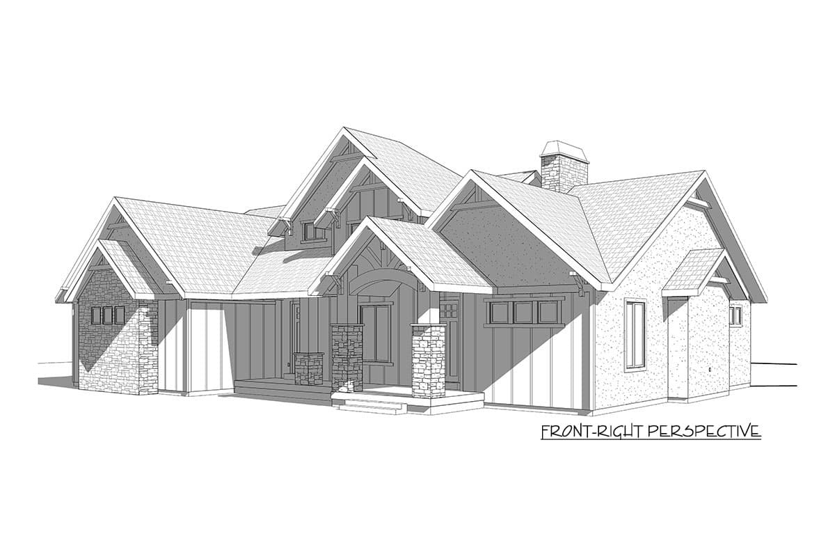 House plan exterior, front-right perspective. Craftsman style with stone accents, gables, dormers, and a covered entryway.