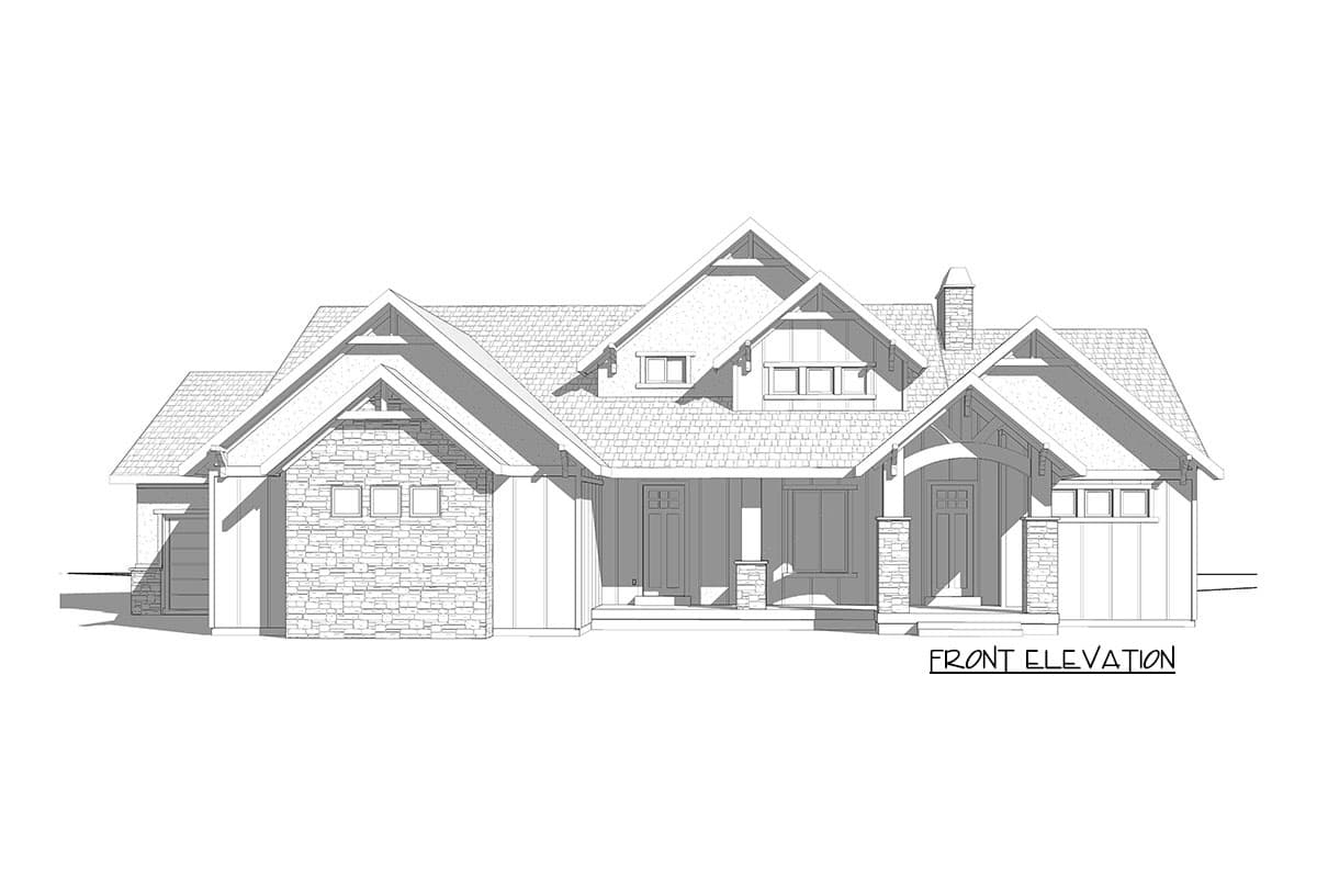 Front elevation drawing of a one-story house with stone and wood siding, multiple gables, dormers, and a covered porch.
