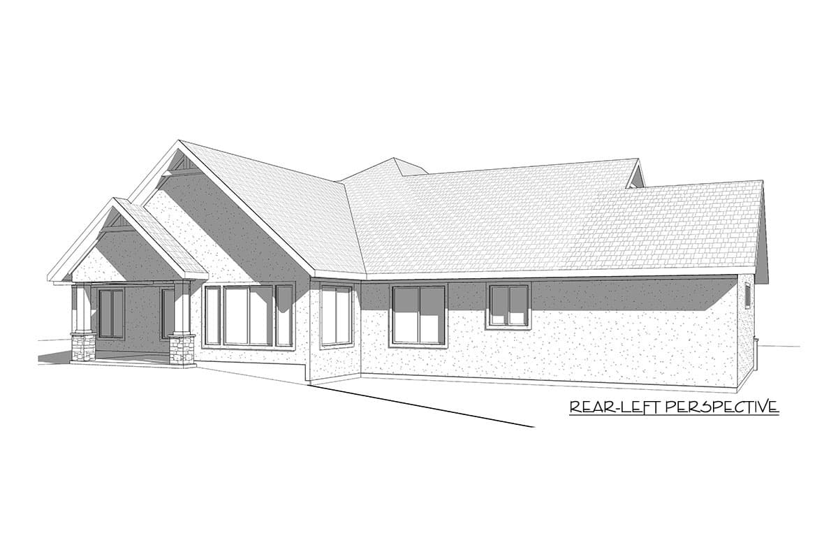 House plan exterior, one story, with a covered front porch supported by stone-clad columns, multiple gables, and large windows.