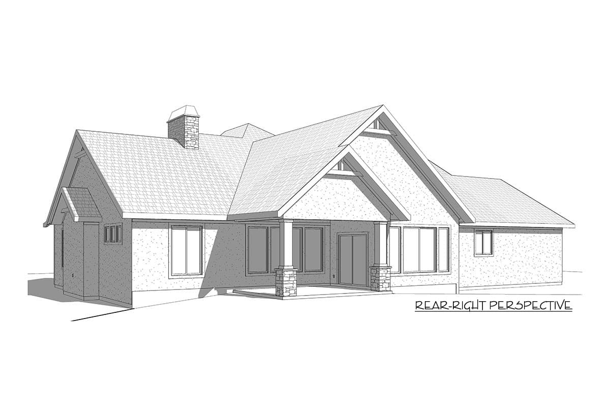 House plan exterior perspective showing a ranch home with a gabled roof, stone chimney, covered porch with stone columns, and multiple windows.
