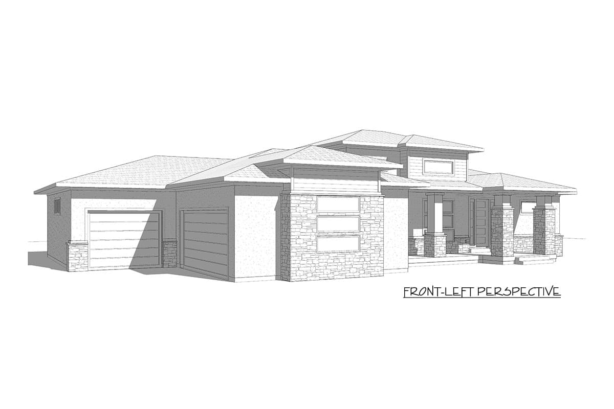 Modern house plan exterior with two-car garage, stone accents, and covered entry with stone pillars.