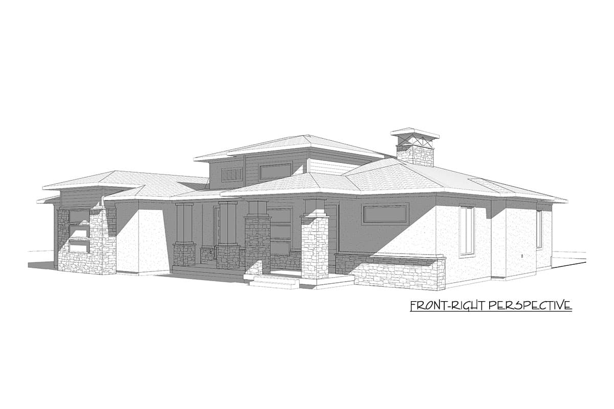 House plan exterior perspective showing a one-story home with stone accents, covered entry with columns, and prominent gabled rooflines.