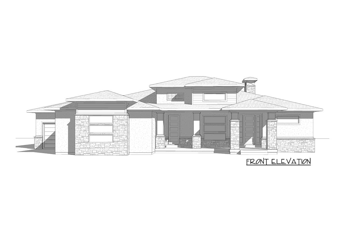 Front elevation house plan showing a one-story home with stone accents, a covered porch, multiple gables, and a two-car garage.