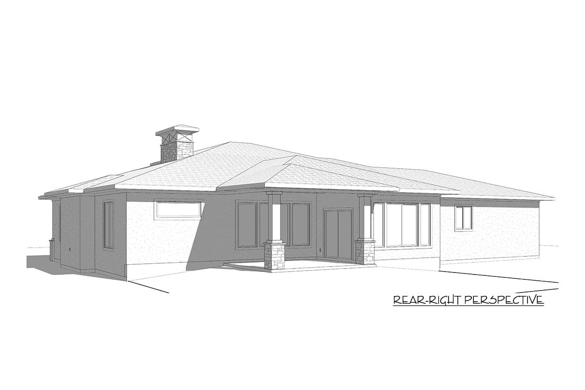 House plan exterior, single-story, Modern style, with covered patio, stone-clad columns, and prominent chimney.