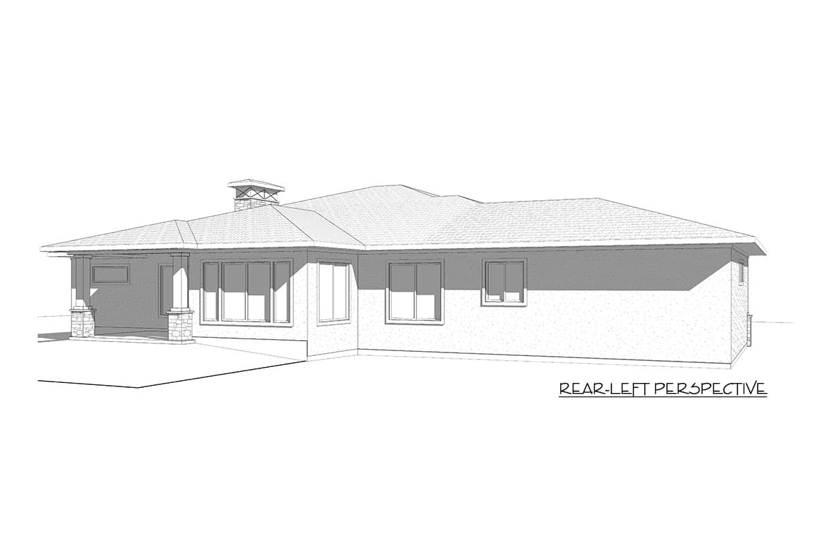 House plan exterior, single-story, with covered porch supported by stone columns, prominent chimney, and multiple windows.