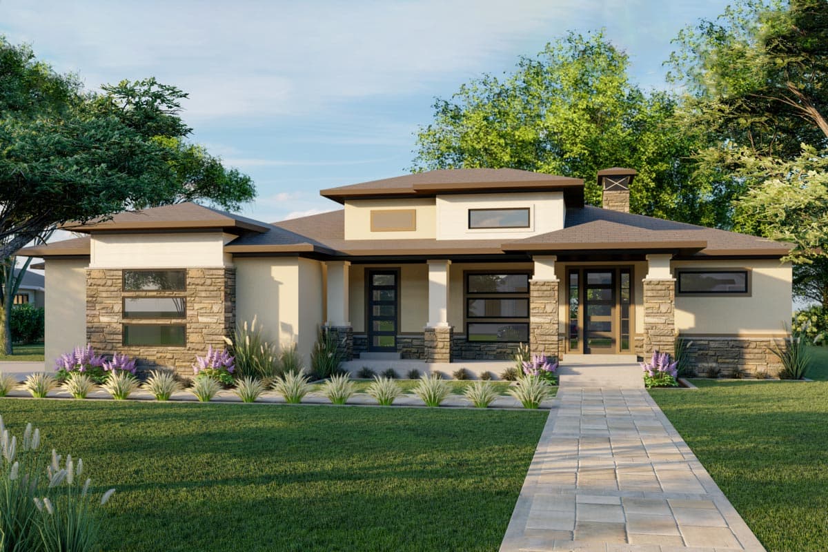 House plan exterior. Contemporary style, single story. Features include flat rooflines, stone facade accents, and a covered entry with columns.