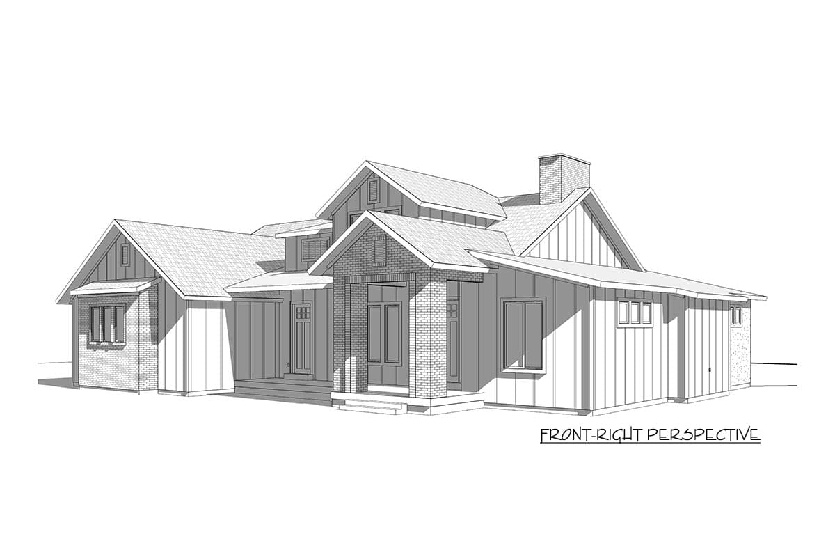 House plan exterior, Modern Farmhouse style, 1.5 stories, with gables, dormers, prominent brick chimney, and covered entry.