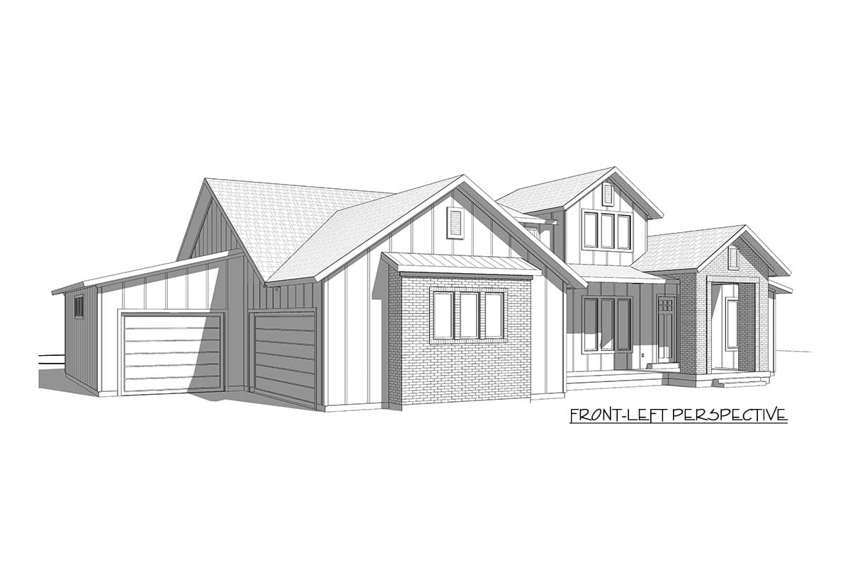 House plan exterior: Modern Farmhouse style, two stories, side-entry garage, prominent gables, brick accents, and covered front porch.
