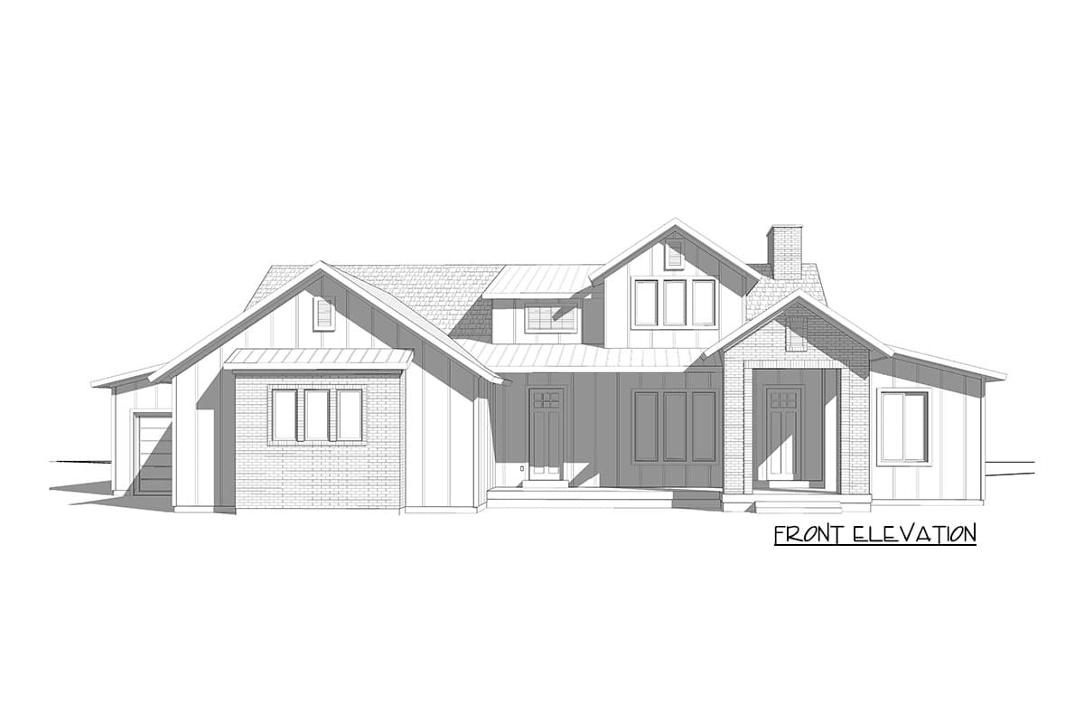 Front elevation drawing of a Modern Farmhouse style house plan with gables, brick accents, a covered porch, and a side-facing garage.