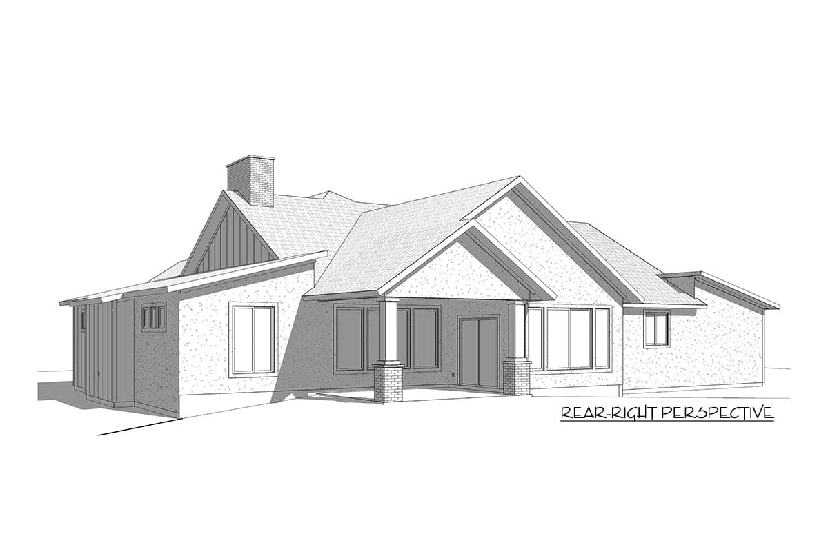 House plan exterior, rear-right perspective. Features a prominent brick chimney, gables, covered porch with columns, and multiple windows.