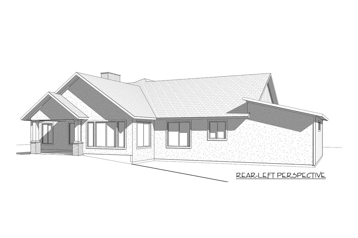 House plan exterior rear-left perspective. Single-story home with a covered entry porch supported by brick columns and multiple gables.