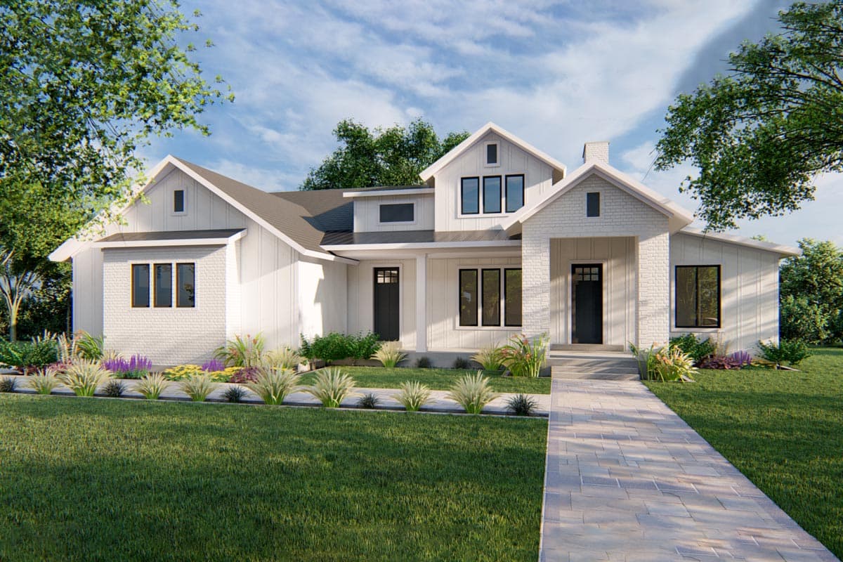 House plan exterior rendering. Modern Farmhouse style with gabled rooflines, a front porch, and black-framed windows; 2-story construction.