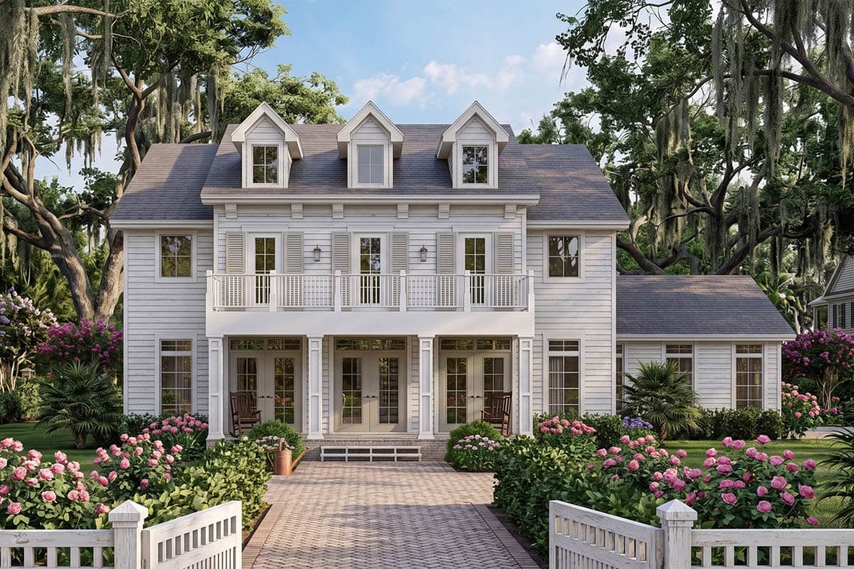 Two-story house plan exterior with gabled dormers, second-story balcony, covered porch, and double front doors.