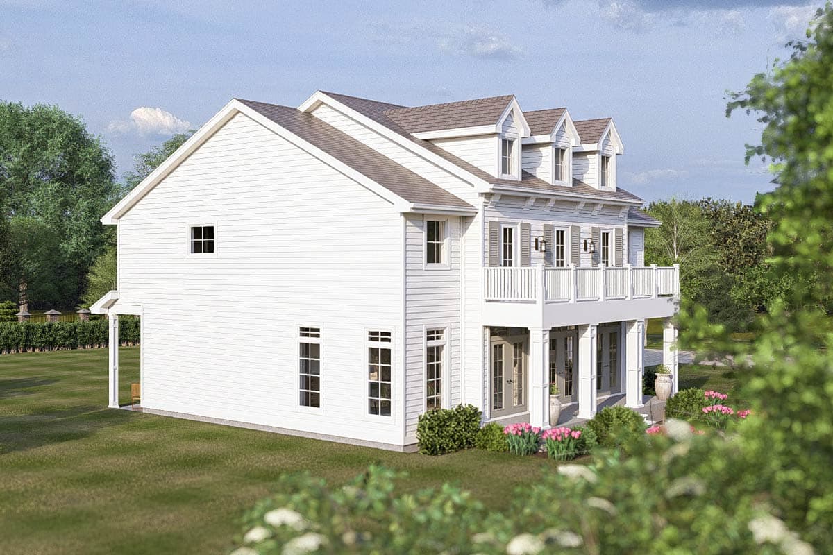 House plan exterior, two stories, white siding, multiple gables, second-floor balcony with railing, dormer windows.