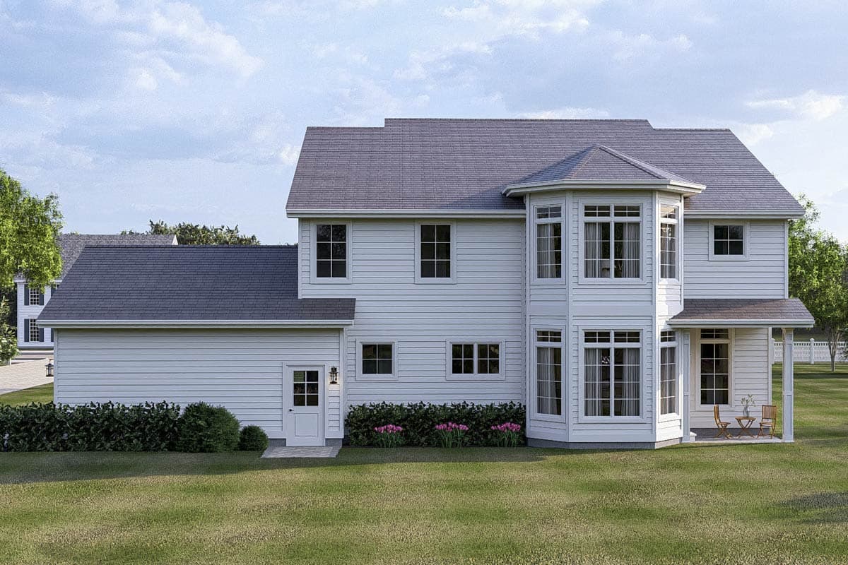House plan exterior: two-story white siding home with a hip roof, bay window, and attached garage.