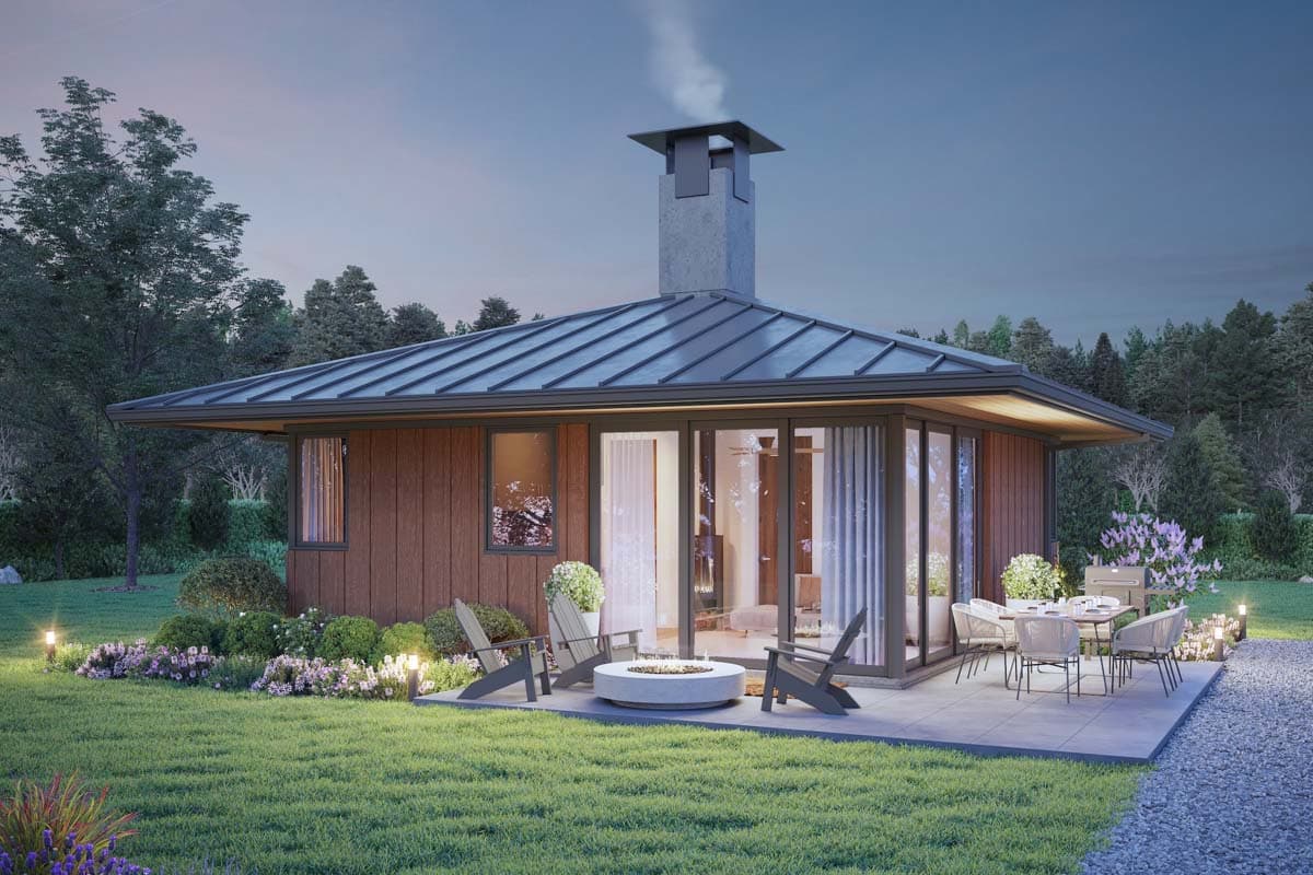 House plan exterior: Modern single-story home with low-pitched metal roof, large windows, and prominent chimney.