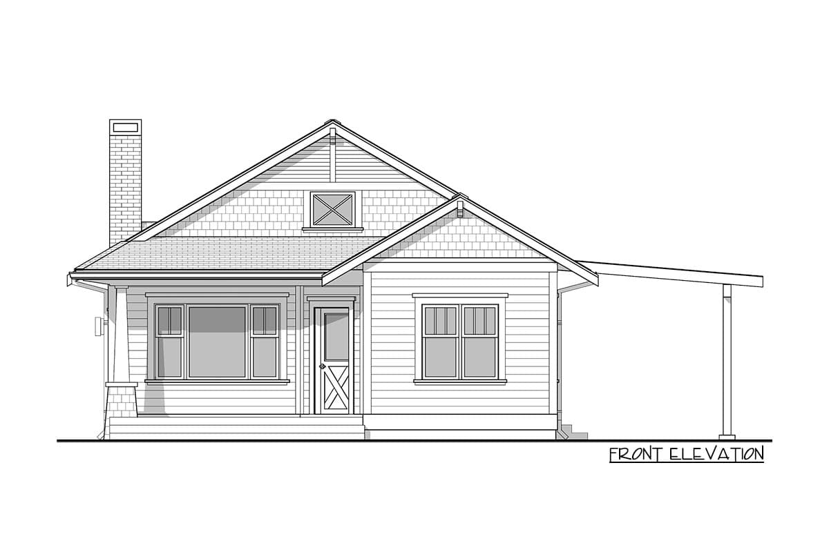 Front elevation house plan showing a one-story Craftsman style home with a gabled roof, dormer, prominent chimney, and covered carport.