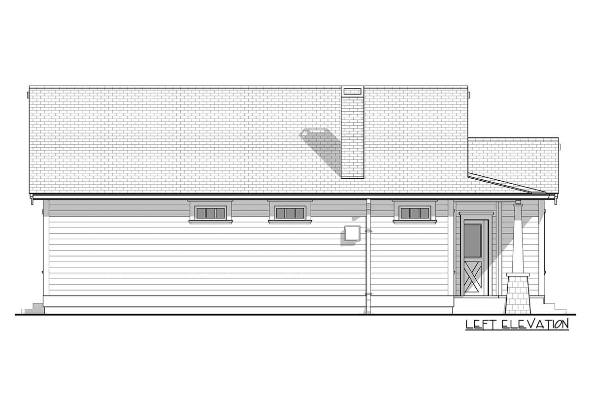House plan left elevation with horizontal siding, a gabled roof, dormers, a chimney, and a covered front entry with stone accents.