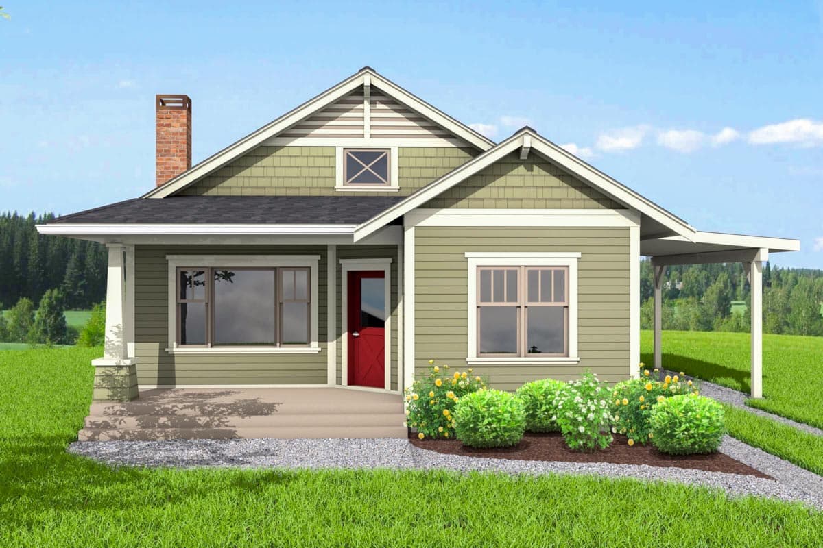 House plan exterior featuring Craftsman style, single story, front porch with columns, gabled roof, and a side carport.