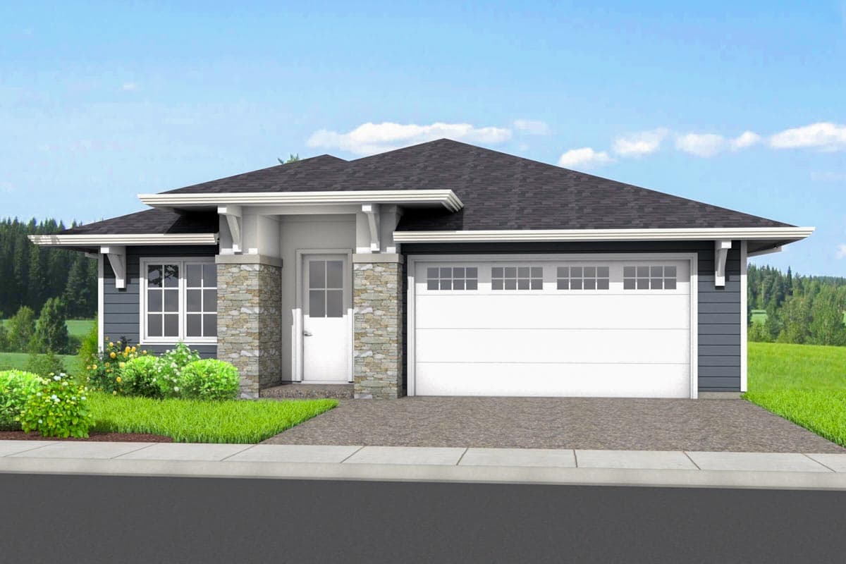 House plan exterior. Single-story Craftsman home with a stone facade entry, attached garage, and a gable roof with decorative brackets.
