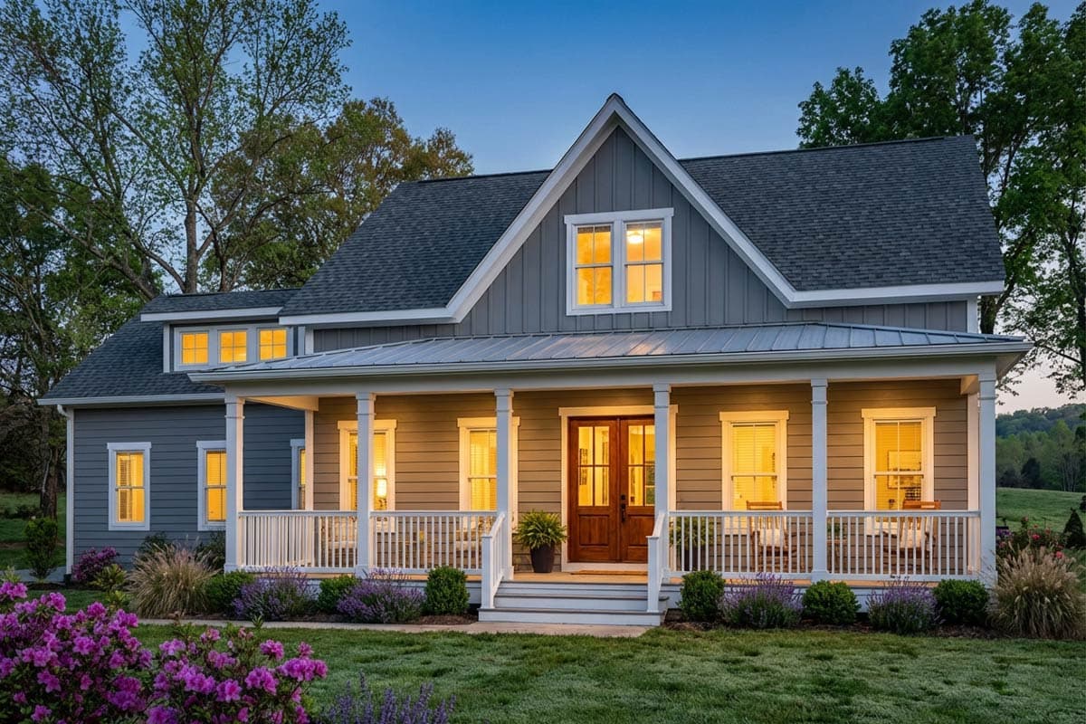 Modern Farmhouse house plan exterior with wrap-around porch, gables, and dormers.