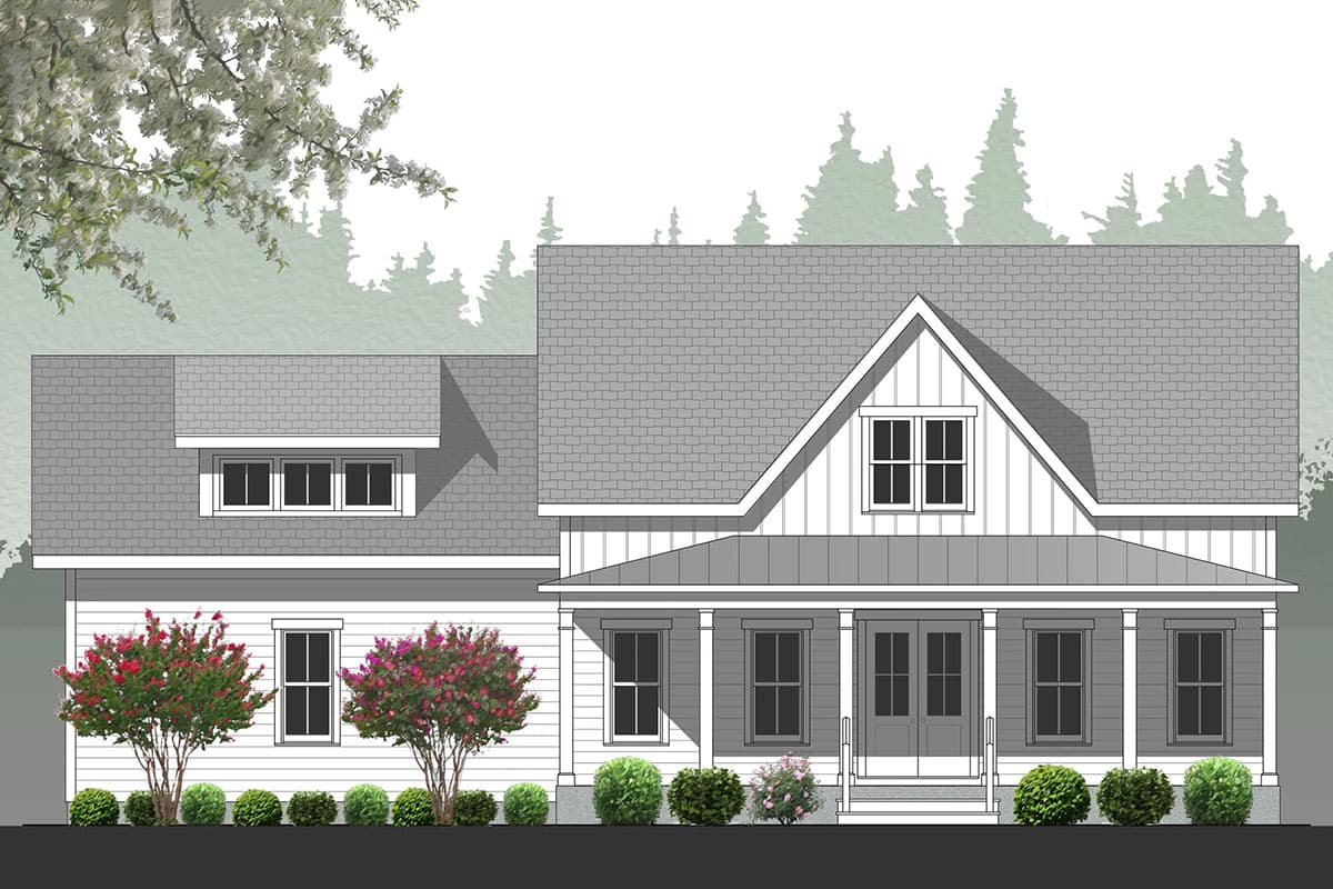 House plan exterior: Modern Farmhouse style with full-width front porch, dormer window, and horizontal siding.