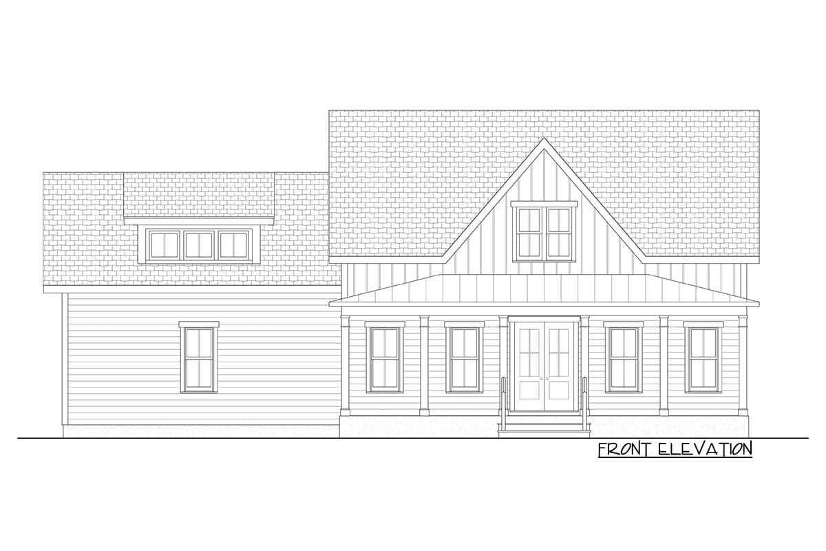 Front elevation house plan showing a one-and-a-half story home with a covered porch, gabled dormer, and horizontal siding.