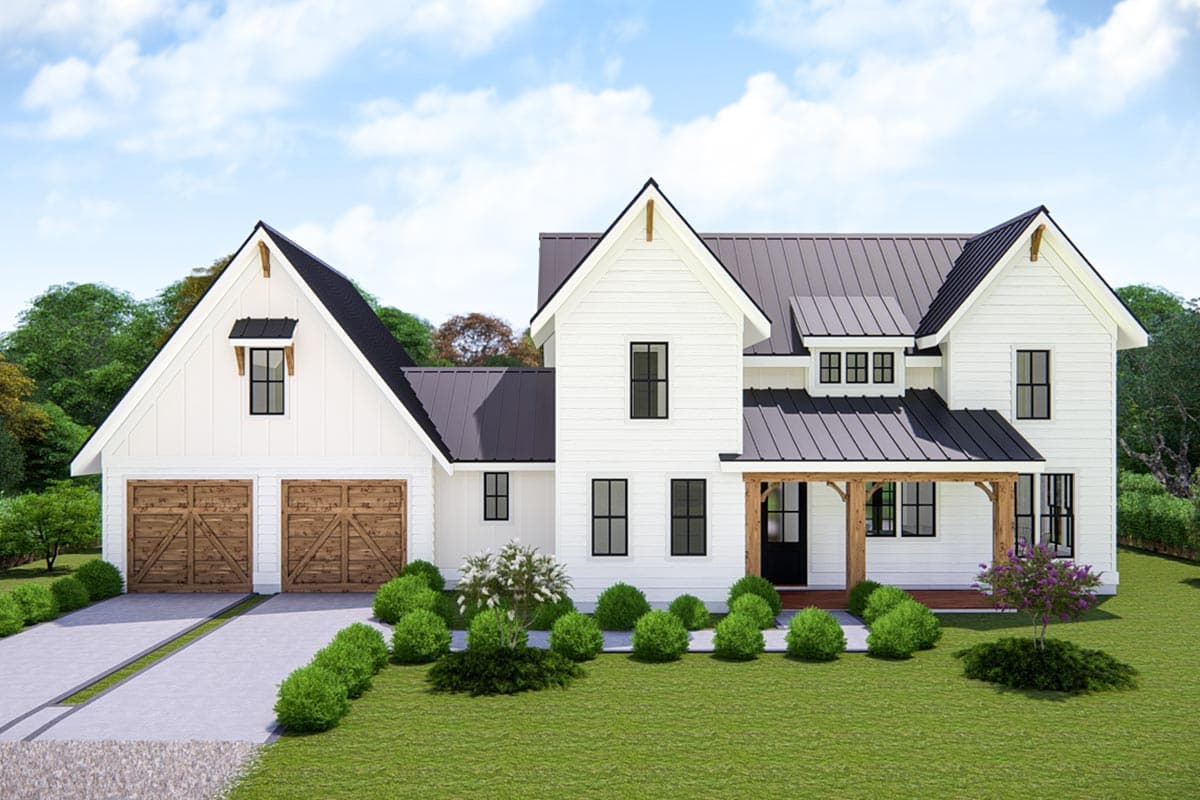 Modern farmhouse house plan exterior with white siding, metal roof, gabled dormers, covered porch, and a side-facing two-car garage.