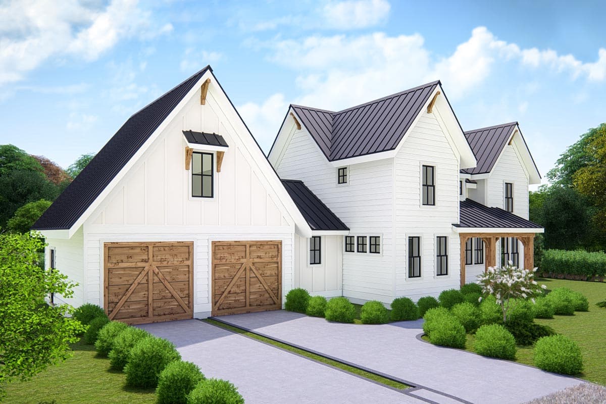 Modern Farmhouse house plan exterior with a side-entry three-car garage, multiple gables, and a covered front porch.