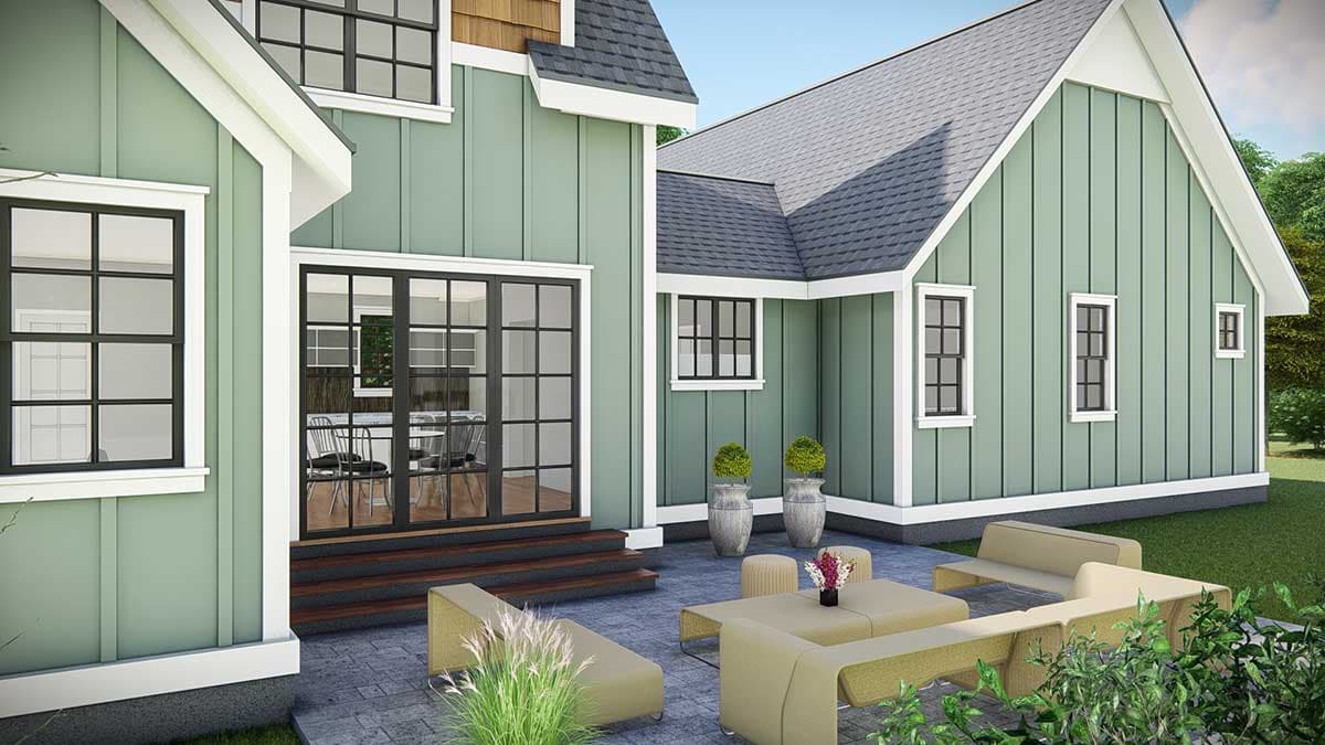 House plan exterior view, Modern Farmhouse style, with board and batten siding, large-paned glass doors, and prominent gables.