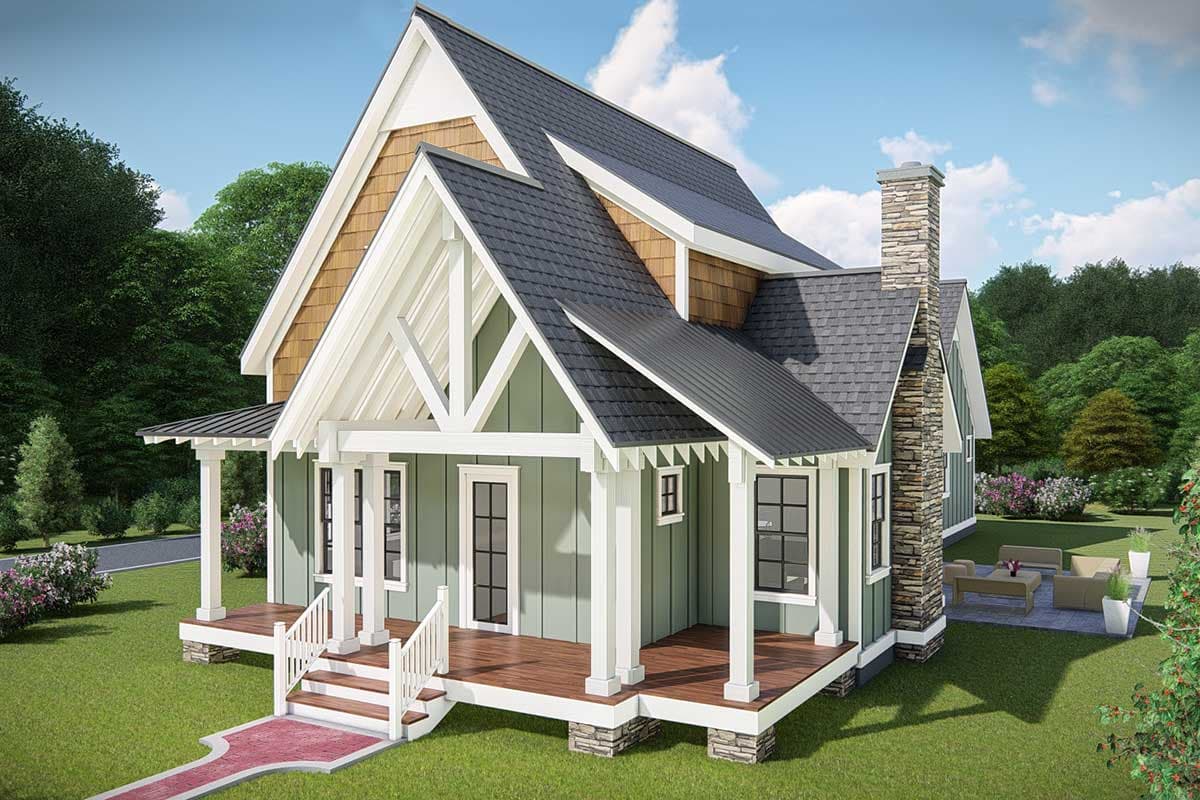 House plan exterior: two-story, A-frame gables, wraparound porch with columns, stone chimney.