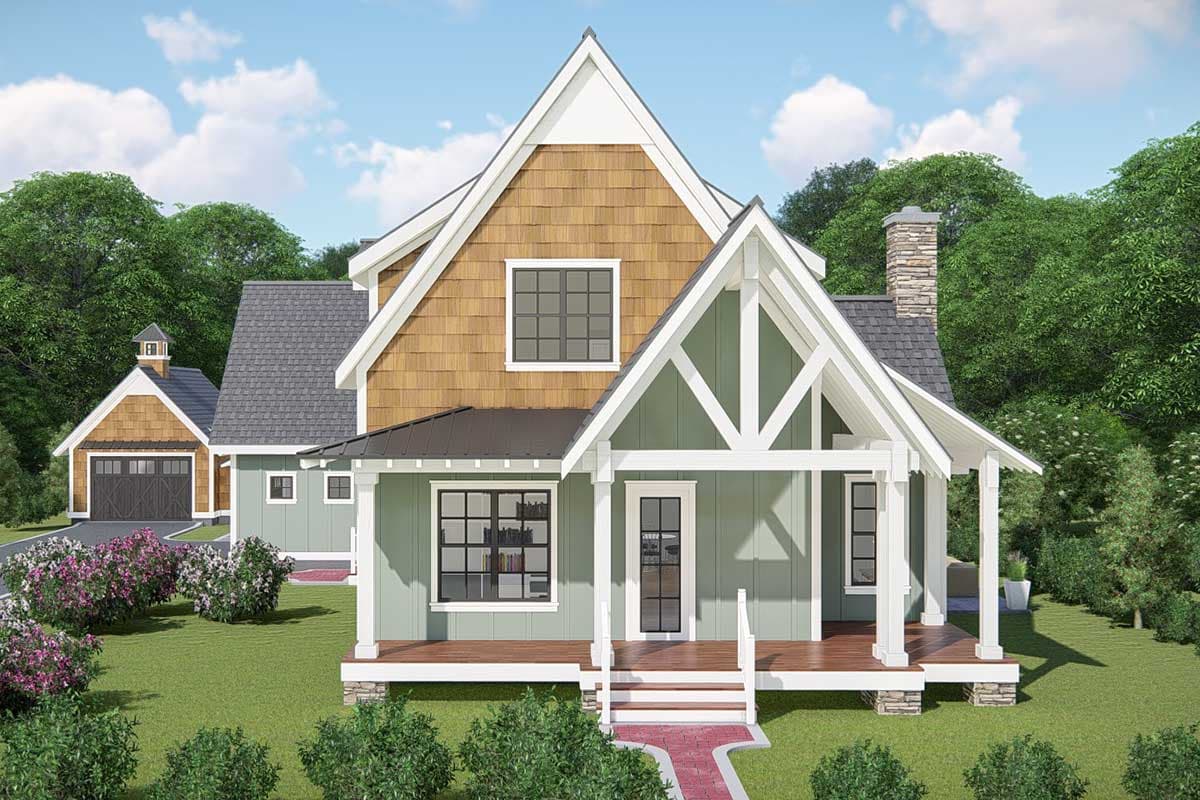 House plan exterior with Craftsman style, two stories, front porch, gables, and shake siding.