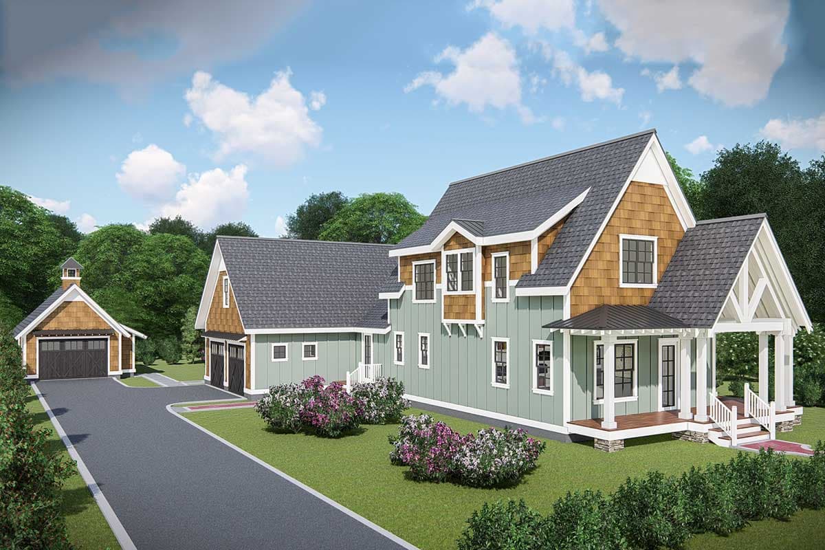 House plan exterior with gabled roof, wood shingles, siding, and covered front porch. Attached garage and detached garage.