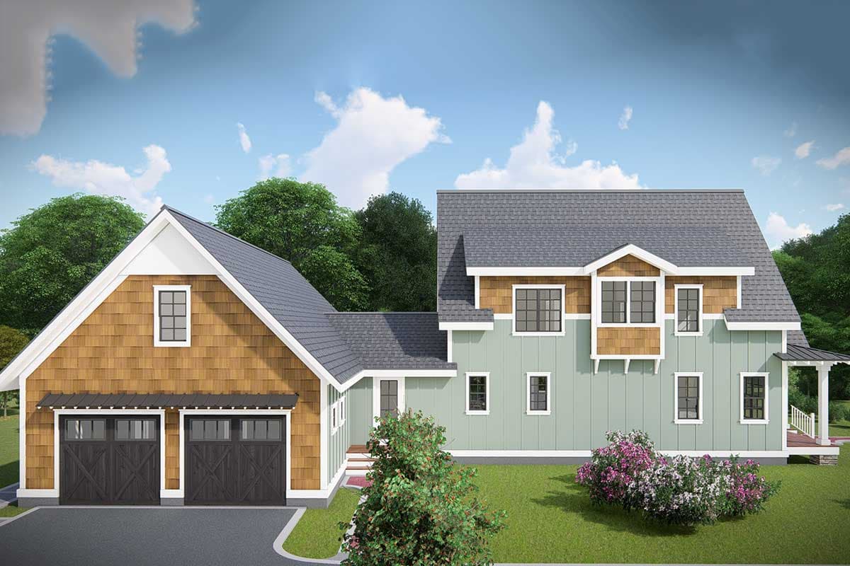 House plan exterior with two-car garage, cedar shake siding, and multi-level gables.