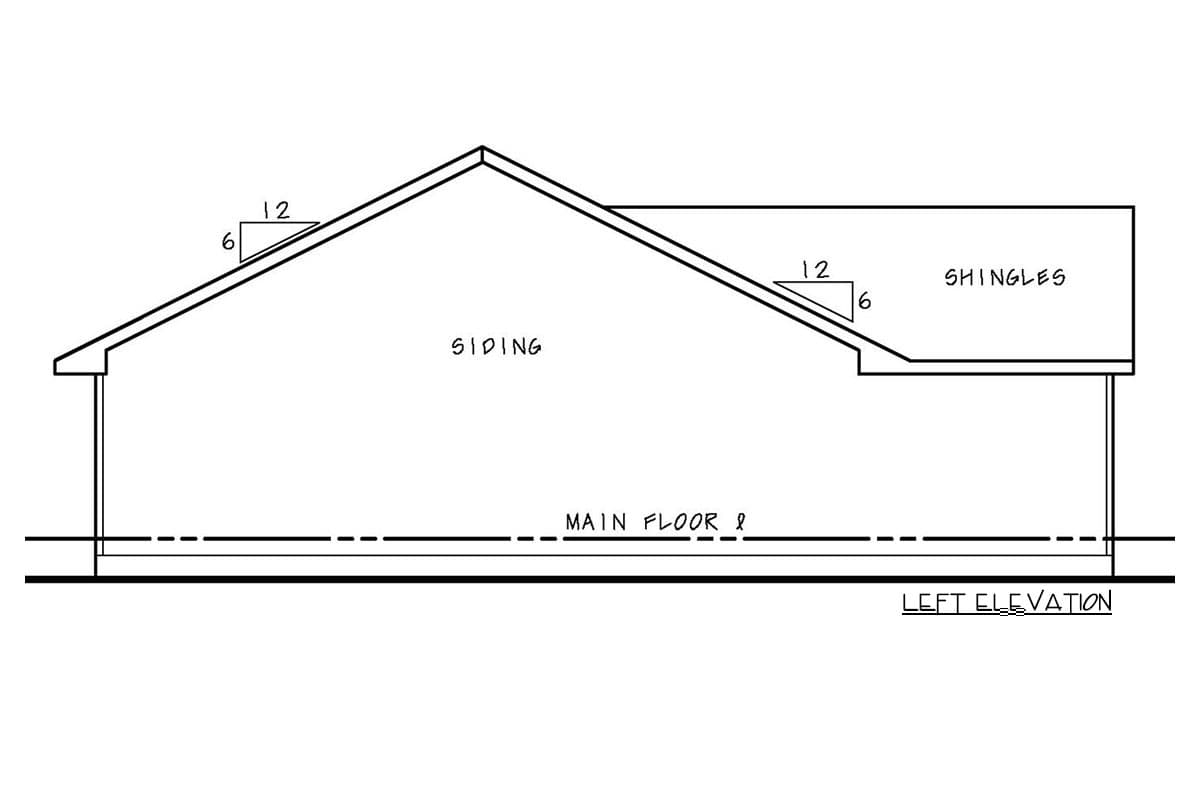 Left elevation drawing of a house plan showing siding and shingles with roof pitch indicators and main floor line.