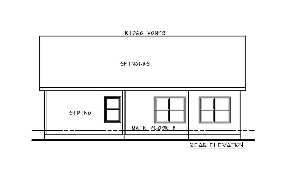 Rear elevation drawing of a house plan with siding, three windows, shingles, and ridge vents.