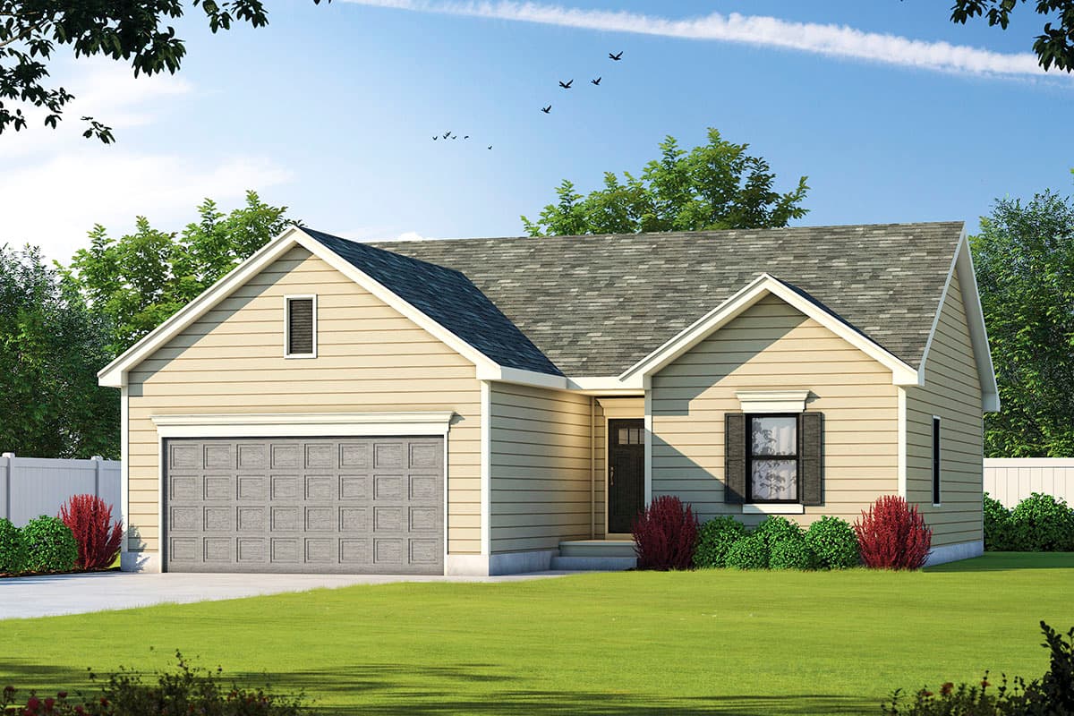 House plan exterior. Ranch style, one story. Features include a front-facing garage, gabled roof, and decorative window shutters.