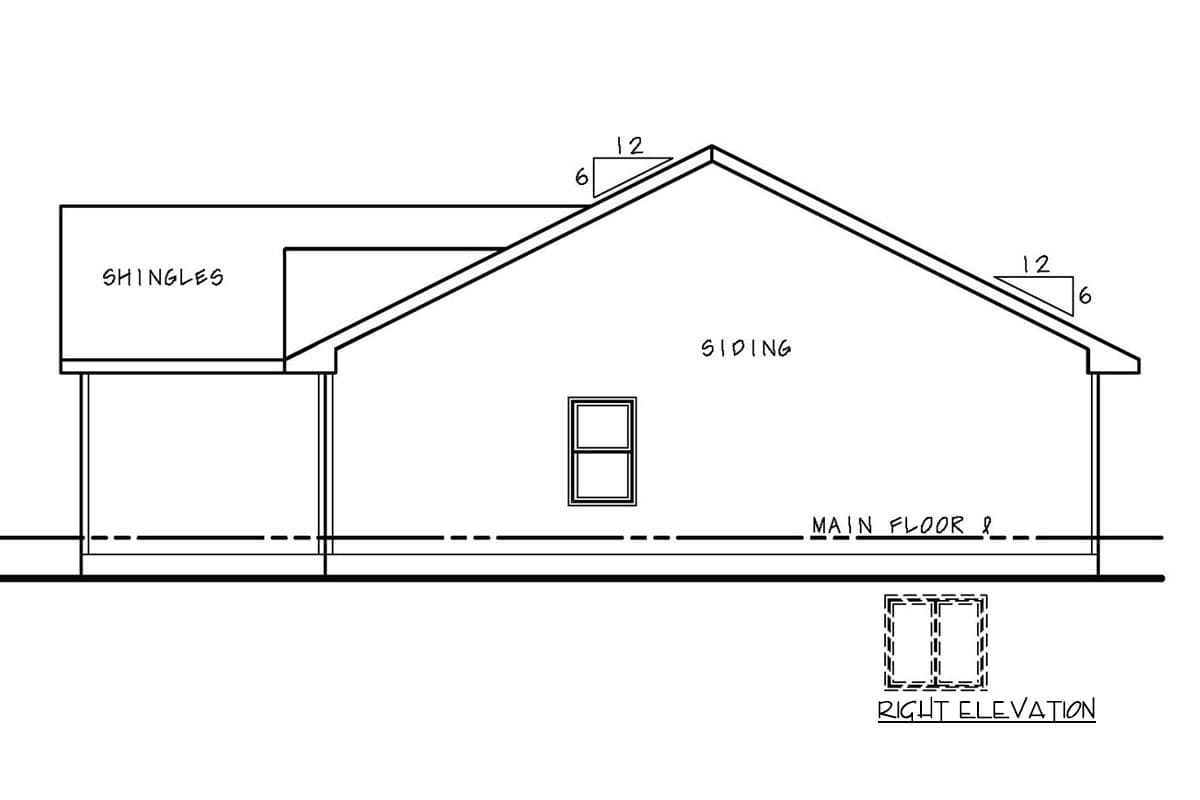 Right elevation drawing of a house plan, showing siding, shingles, a window, and roof pitch.