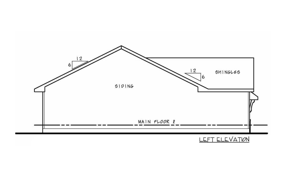 Left elevation drawing of a house plan showing siding and shingles on a pitched roof over the main floor.