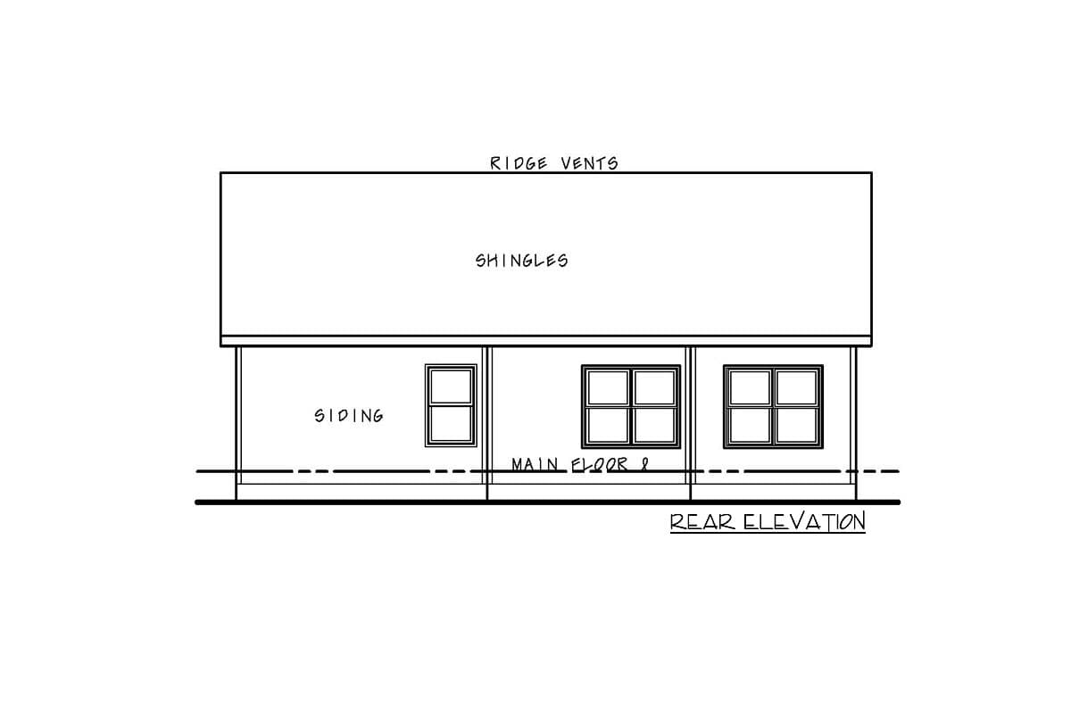 Rear elevation drawing of a house with siding, shingles, ridge vents, and three main floor windows.