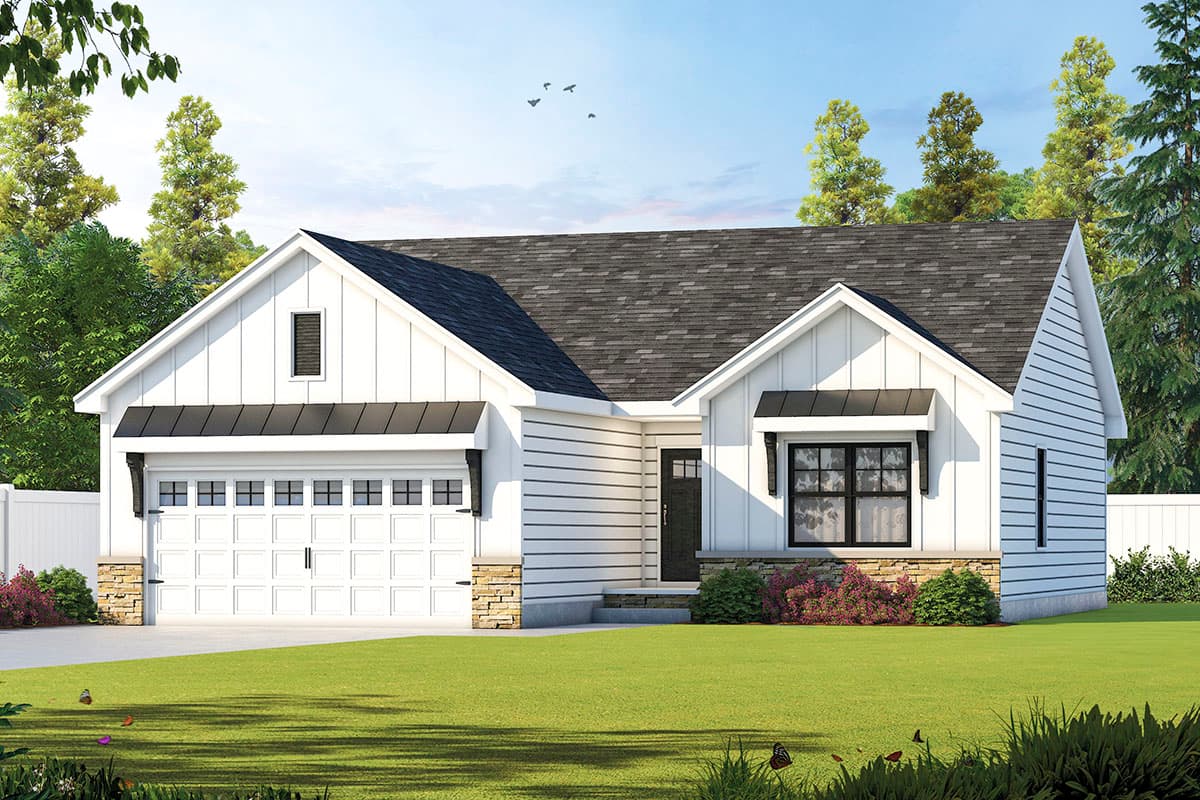 House plan exterior. Modern Farmhouse style with a single story, gabled roof, garage with awning, and stone accents at the foundation.