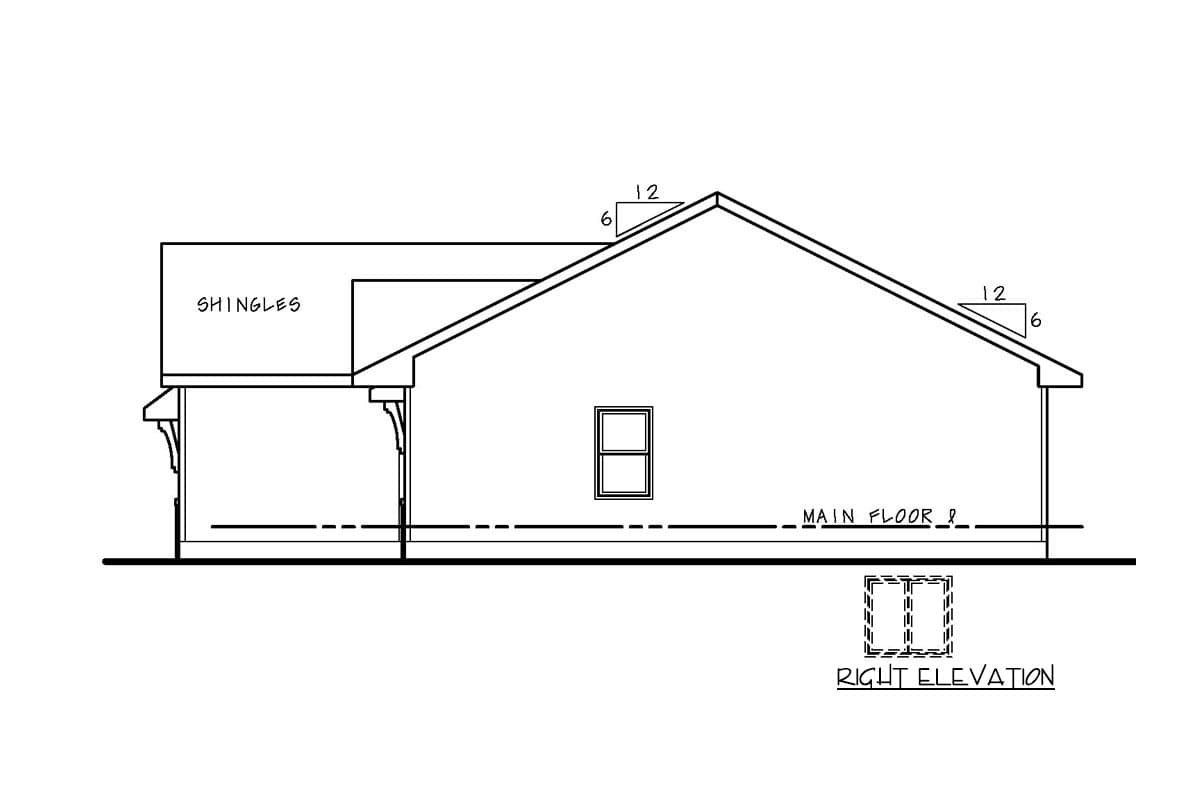 Right elevation drawing of a house plan, showing roof pitch, shingles, and main floor line.