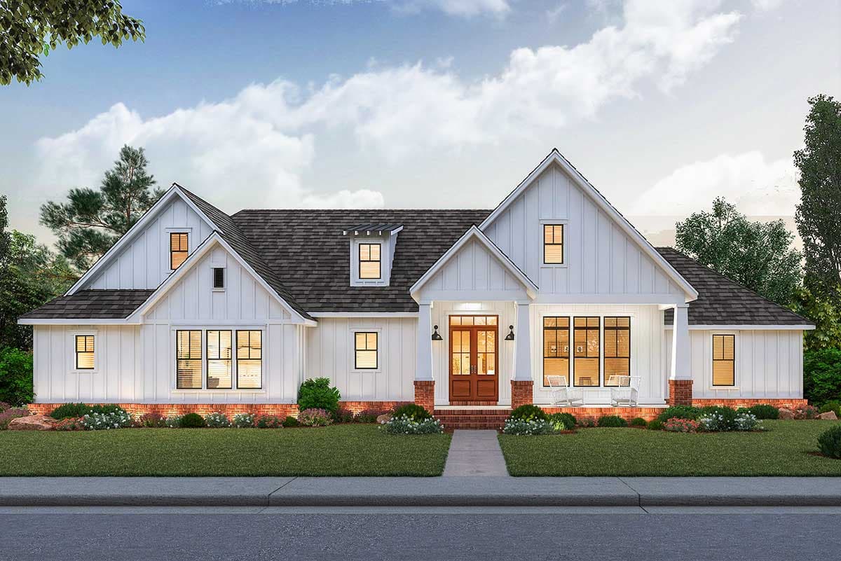 House plan exterior: Modern Farmhouse style, one story, with gables, dormers, covered front porch, and board and batten siding.