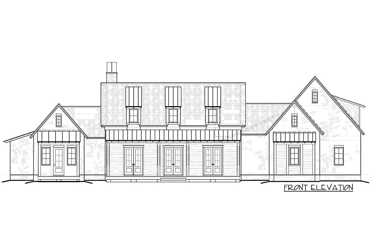 Front elevation house plan featuring a centered porch with double doors, flanked by gabled wings with dormers and porches.